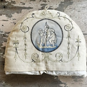 Antique Edwardian Hand Embroidered Teapot Cozy Cherubs Putti Victorian Cottage