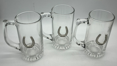 Clear glass set 3 beer mugs pewter embossed horseshoes 16 oz Hudson Creek USA
