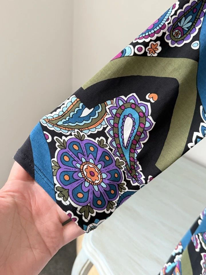 Nicole Miller 尺寸 L 12 人造裹身连衣裙腰带深 V 弹力花卉佩斯利 3/4 — 第 3/4 张图片