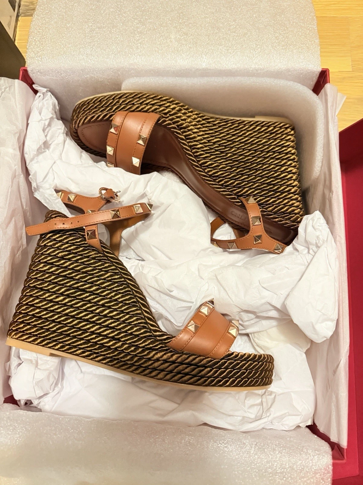 Valentino — Valentino Rockstud Brown Torchon Silk Espadrille Wedge Sandals Size 40