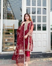 Salwar Kameez 3-Piece Set Embroidered Kurta Dress, Pants, Dupatta Scarf Red M L