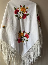 Embroidered Mantilla Shawl Floral Fringe