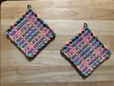 Handmade 2 Beautiful Cotton Woven Potholders Carnation Peony Powder Blue Leaf