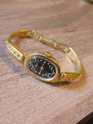 USSR CCCP Mechanical Women's Wrist Watch Goldtone W Black Dial