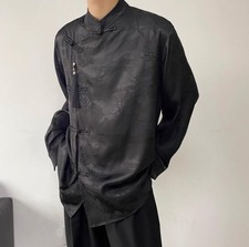 Mens Youth Fashion Jacquard Mandarin Collar Long Sleeves Retro Casual Shirt b434