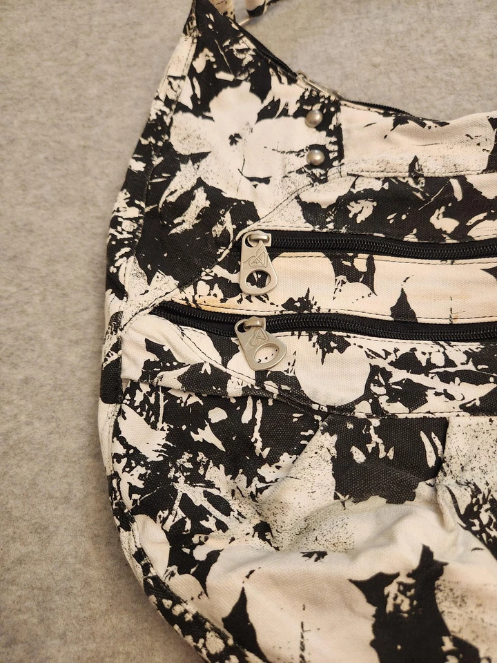 Bolso de Hombro Roxy Hobo Mujer Talla Única Negro Blanco Floral Algodón Cremallera Y2K Foto 4 de 4