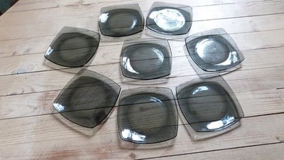 8er Set Dessertteller eckig Vintage Rauchglas blau sehr guter Zustand