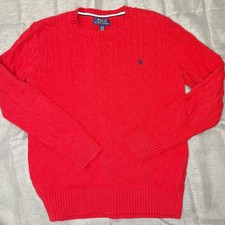 Polo Ralph Lauren Boys L Cable Knit Crewneck Logo Cotton Sweater Red Large 14 16