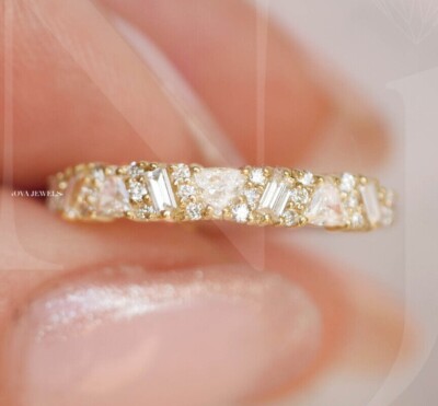 Handcrafted Trillion Baguette & Round Cut Moissanite Half Eternity Wedding Band