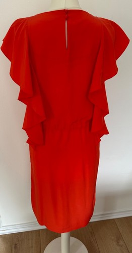 Jaeger London Silk UK 10 Vibrant Red Ruffle Knee Length Floaty Dress Pockets - Picture 12 of 14