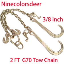 3/8" X 2' G70 Tow Chain J-Hooks V-Chain Flatbed Truck Rollback Wrecker Carrier