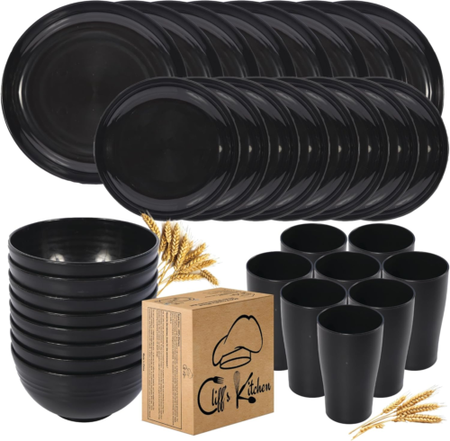 32 Pcs Wheat Straw Dinnerware Sets-Black Dinnerware Sets for 8- Unbreakable Outd