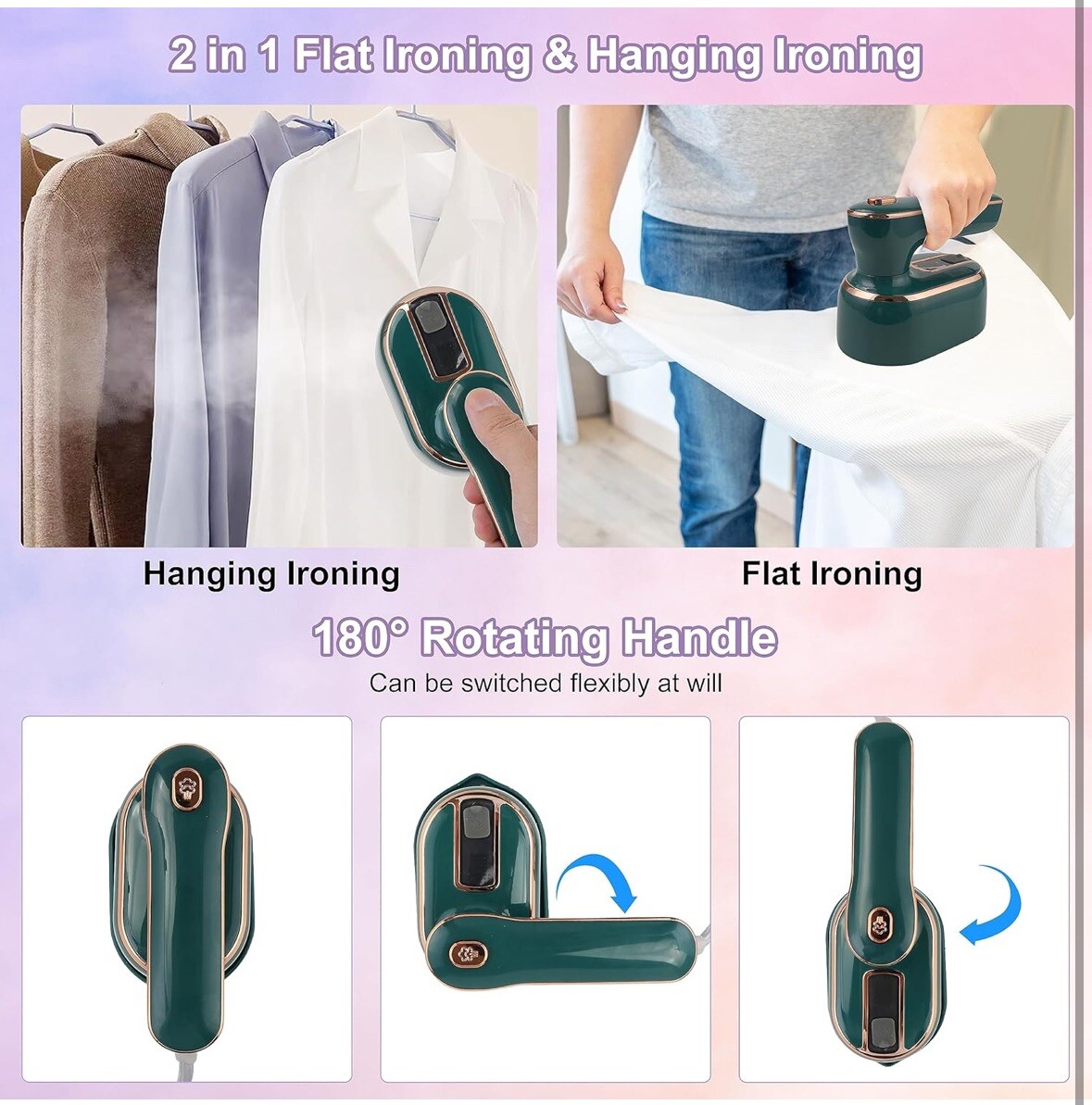 Mini Steam Iron, 1000W Foldable Handheld Travel Steamer Iron 15s Fast Heat Up