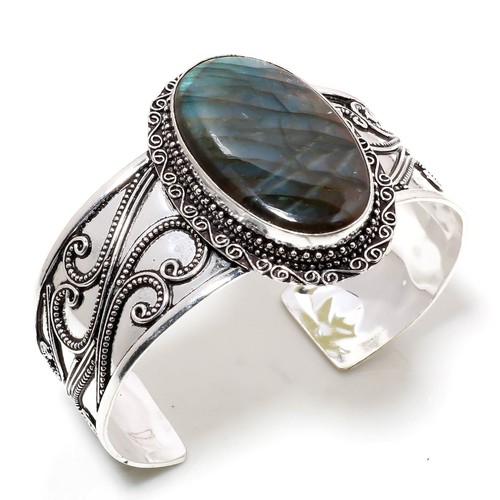 Blue Fire Labradorite Gemstone 925 Sterling Silver Cuff Bracelet Jewelry Adj