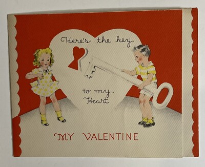 Vintage Valentine Card Little Boy Girl Here's The Key To My Heart My Valentine