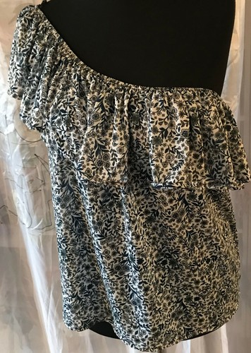 H&M lässige Damen Bluse Gr L grau mit feinem Blumenmuster blau - SCHULTERFREI - Bild 10 von 11