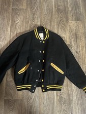 Vintage Delong 1960s Wool Varisty Bomber Jacket 40 Black Yellow Medium