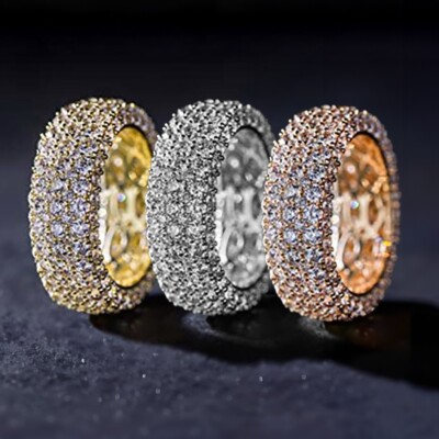 Platinum Gold Micro Pave CZ Zirconia Wide Band Eternity Wedding Ring R66