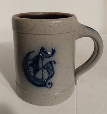Rockdale Pottery Stoneware Mug Salt Glaze Blue Flower Monogram ''G'' 4'' T 2.75'' D