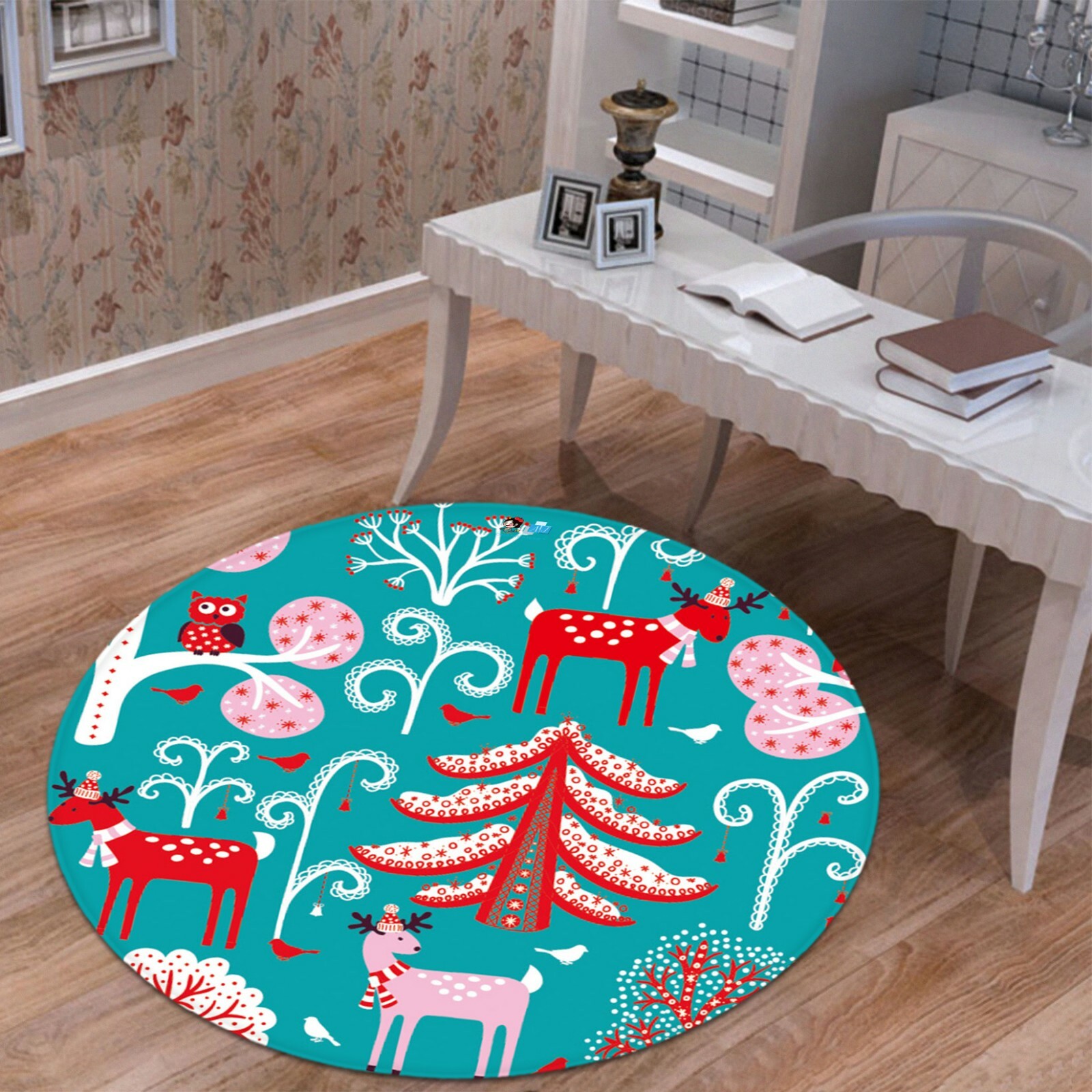 3D Red Christmas Tree Owl Elk Round G174 Holiday Photo Carpet Rug Amy