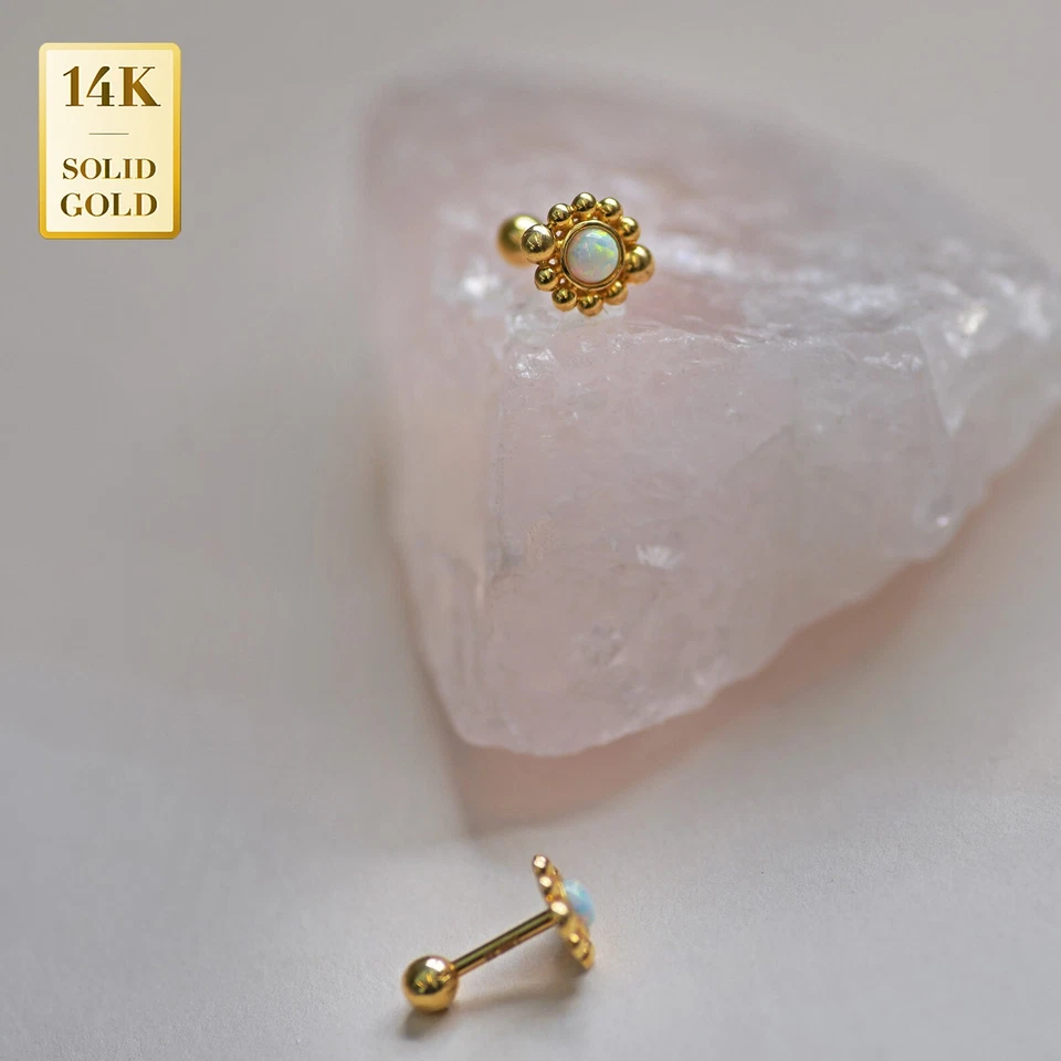 14K REAL Solid Gold Beaded Opal Ear Post Stud Daith Tragus Body Jewelry 18G - Image 3 of 4
