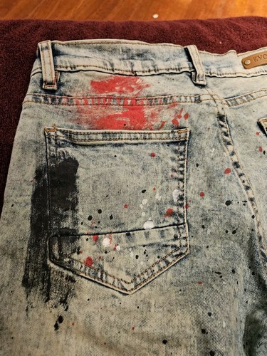 Evolution In Design Denim Shorts Red Paint Splatter Distressed Youth Boys Sz 18 - Picture 7 of 12
