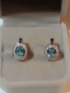 NATURAL HEATED SWISS BLUE TOPAZ CZ ACC. 926 SILVER 14K WHITE GOLD OVER EARRINGS