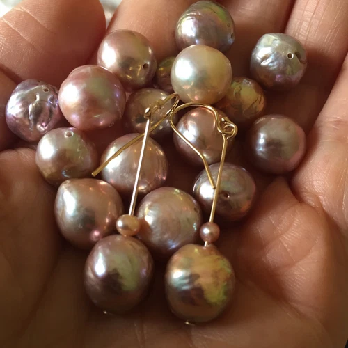 E210 Baroque 11-12mm pearl Natural amazing Gold-Purple 14KGF earring AAAALUSTER  - Picture 12 of 12