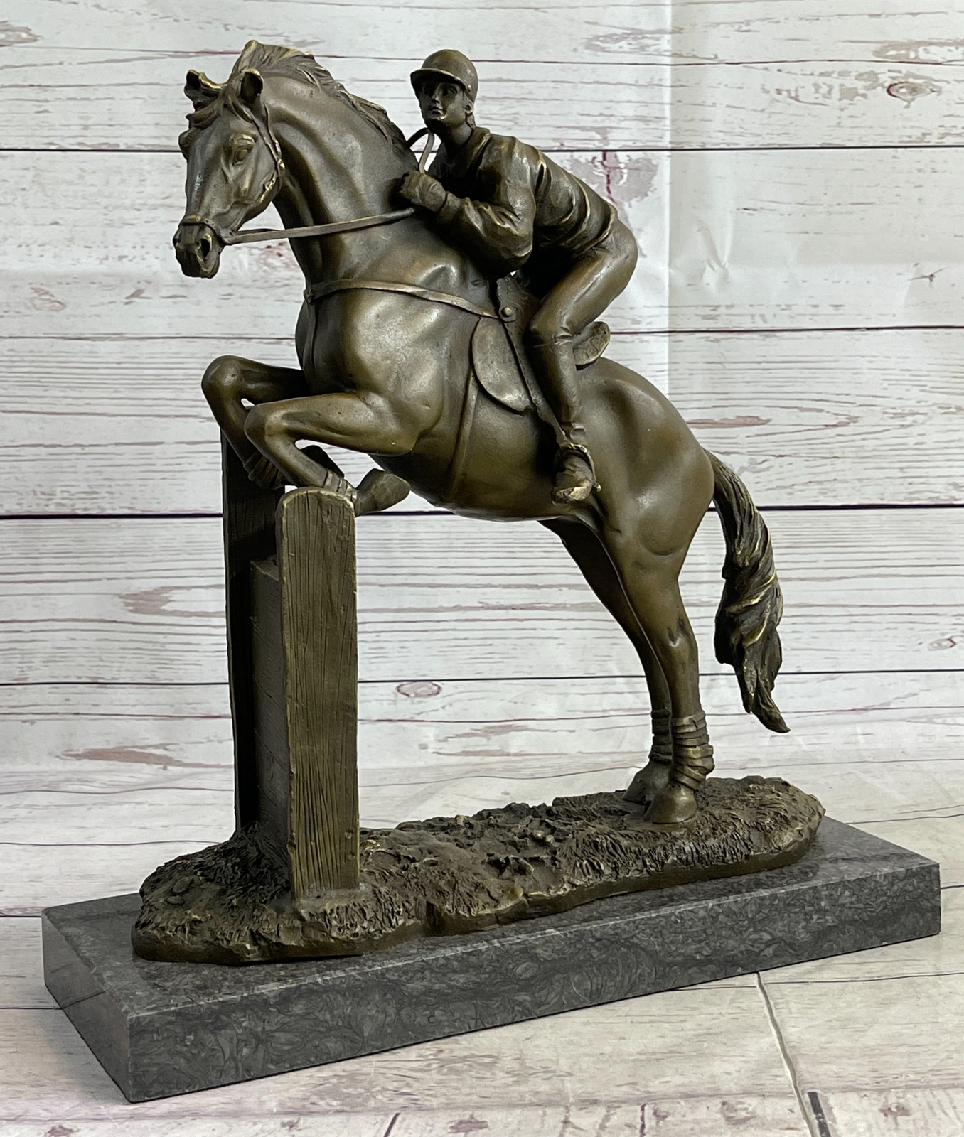 SIGNED ORIGINAL JOCKEY WITH HORSE BRONZE MARBLE SPORT HOT CAST SCULPTURE FIGURE