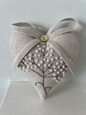 Peony and Sage Padded Heart Door Hanger Embroidered  Cow Parsley  Linen Fabric
