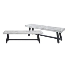 Outdoor Dining Benches Set of 2, Acacia Wood with Powder-Coated Frame, Light