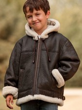 Overland Kids Sheepskin Shearling Leather Hooded Bomber Coat Jacket Sz 2 US 5/6