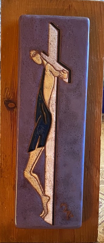 Vintage Pottery Tile Impressionist Crucifix with Jesus Figure Signed by Artist