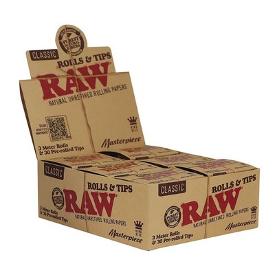 RAW Classic Masterpiece King Size Rolls, 12x 5m + 30 Prerolled Tip