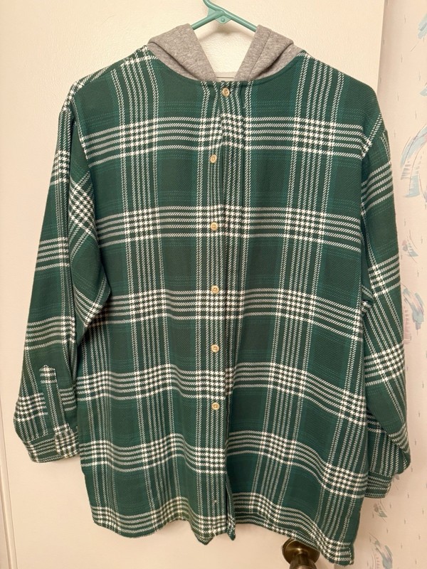 LL BEAN KIDS L GREEN PLAID HOOD BUTTON DOWN MUST SEE!