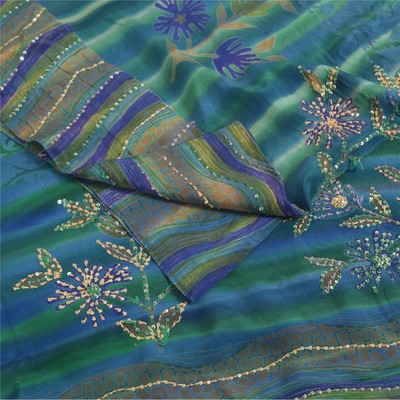 Sanskriti Vintage Saree Blue Pure Crepe Silk Hand Embroidered-Print 5.5+YD Sari