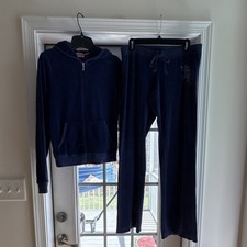 Juicy Couture Vintage Navy Blue Velour Women's Jacket L  Pants M Tracksuit Set
