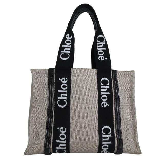 Chloe Woody Medium Tote Bag in Beige with Logo Canvas and Leather Trim