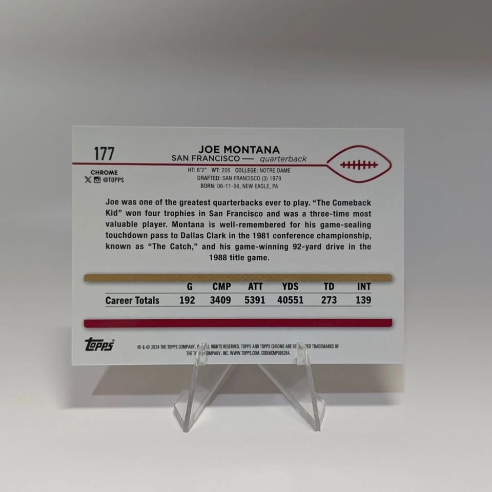 Joe Montana 2024 Topps Cromo Zafiro Fútbol #177 Rojo 1/5 49ers Foto 2 de 2
