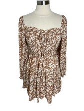 By the River Beige Brown Floral Boho Peasant Short Dress Smocked Bodice Size M