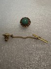 UNIQUE ROUND GREEN STONED Vintage Tie Tack Lapel Pin Gold Tone