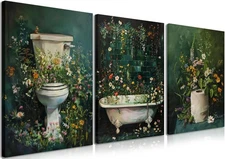 Framed Vintage Floral Bathroom Wall Art Set of 3, Dark Green Moody Flower Can...