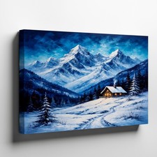 Winter mountain landscape canvas wall art snow cabin pine tree scenery print