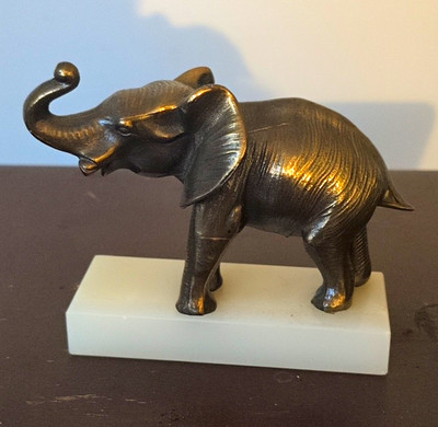 Brass Elephant Figurine Statue on White Base, Elephant Animal Class Decor. Old.