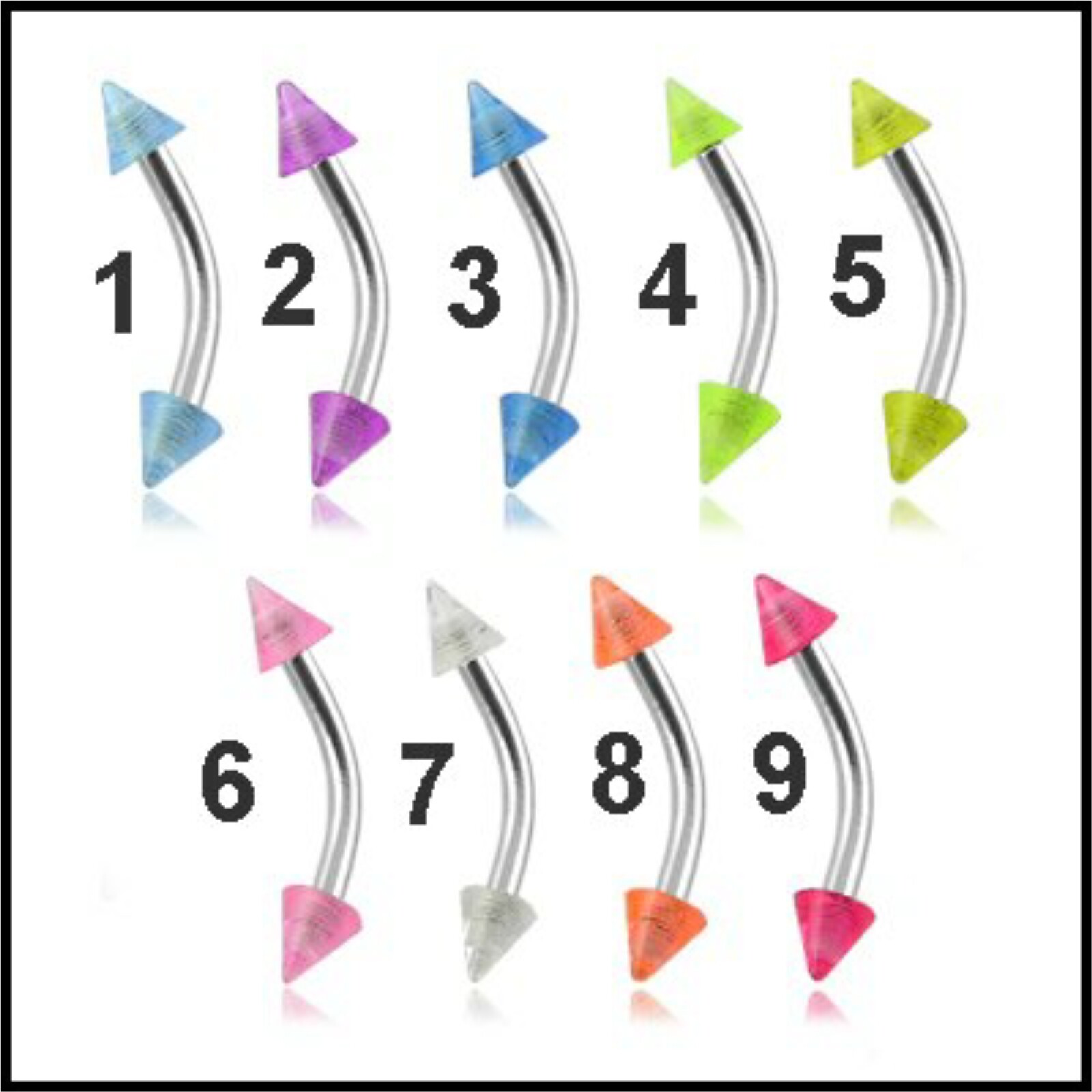 Eyebrow Bars 5 UV Glow Spike Tragus Rook Snug Helix Curved Barbells 16g 8mm