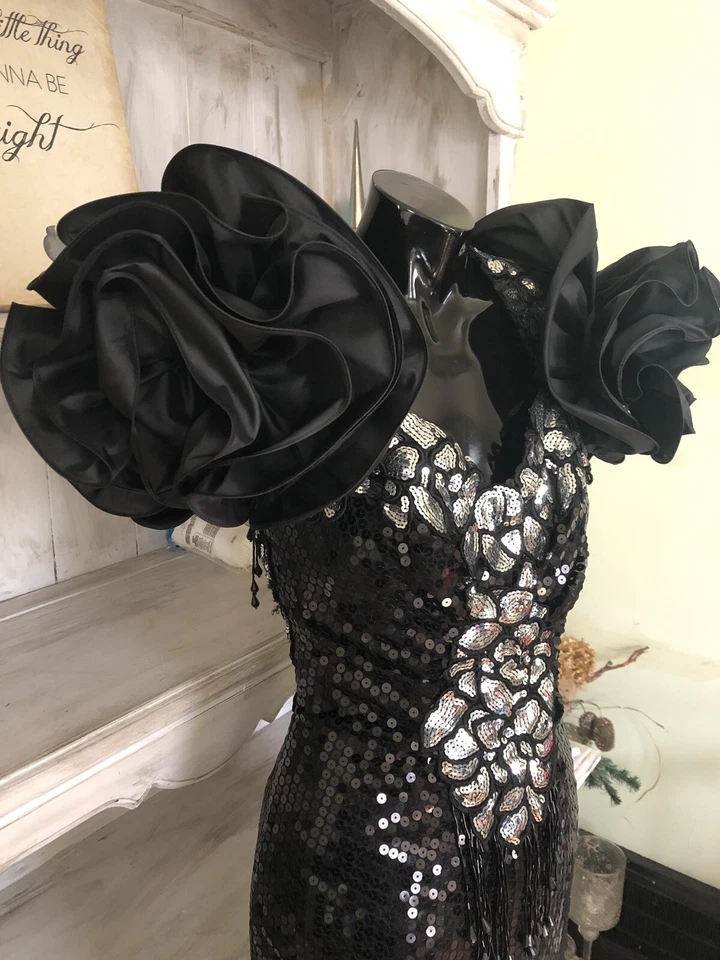 Vintage 80's Long  Sequin HUGE Ruffle STATEMENT Prom Dress AMAZING SZ XXS-XS* - Image 2 of 4