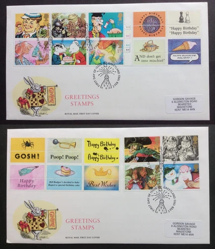 GB QEII 1993 Greetings Set + Labels on Pair of First Day Covers, Greetland S/H/S