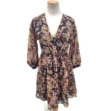 Madewell floral 3/4 sleeve v neck mini dress in size XXS Blue Tan