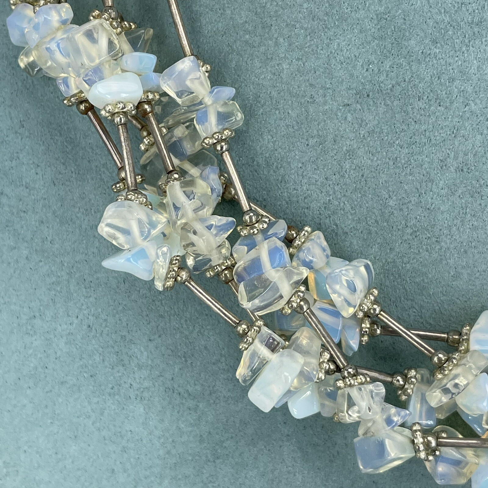 opalite chip necklace multi-layer silver plated b… - image 3