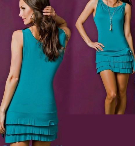 Sexy Mesdames Girly Tendance Volant Mini Robe Ceinture Look 34/36/38 Émeraude - Photo 2 sur 3